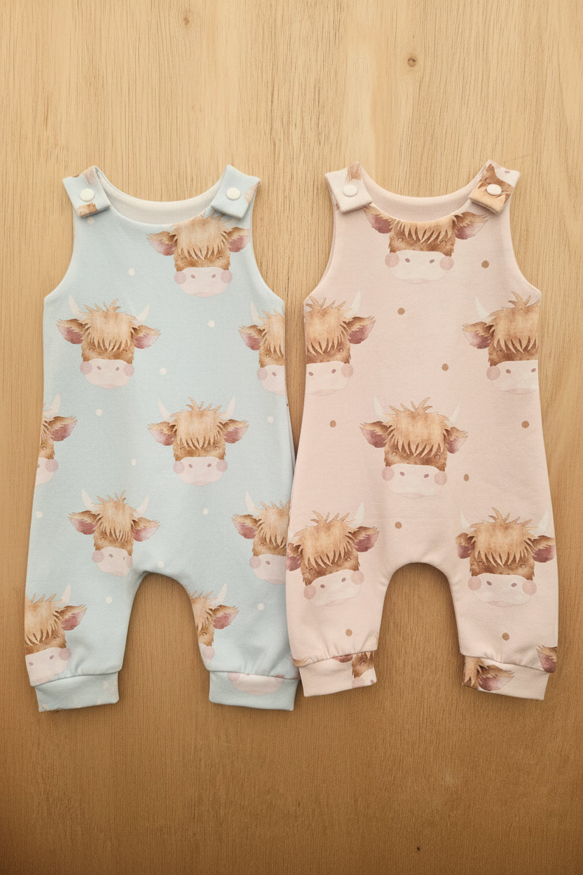 Highland Cow Faces Romper (Blue / Pink)