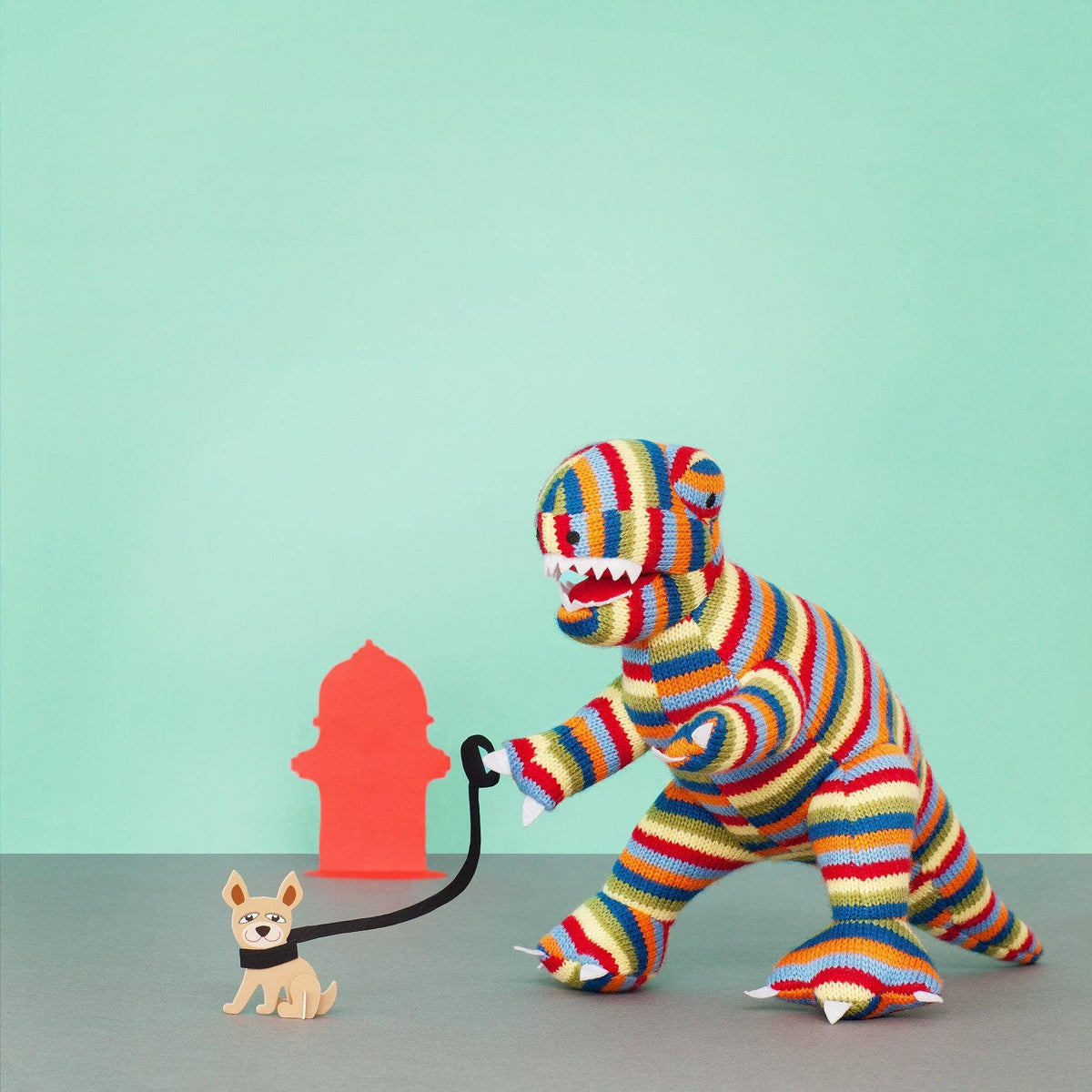 Dinosaur Teddy - Knitted Rainbow Stripe T Rex  Soft Toy