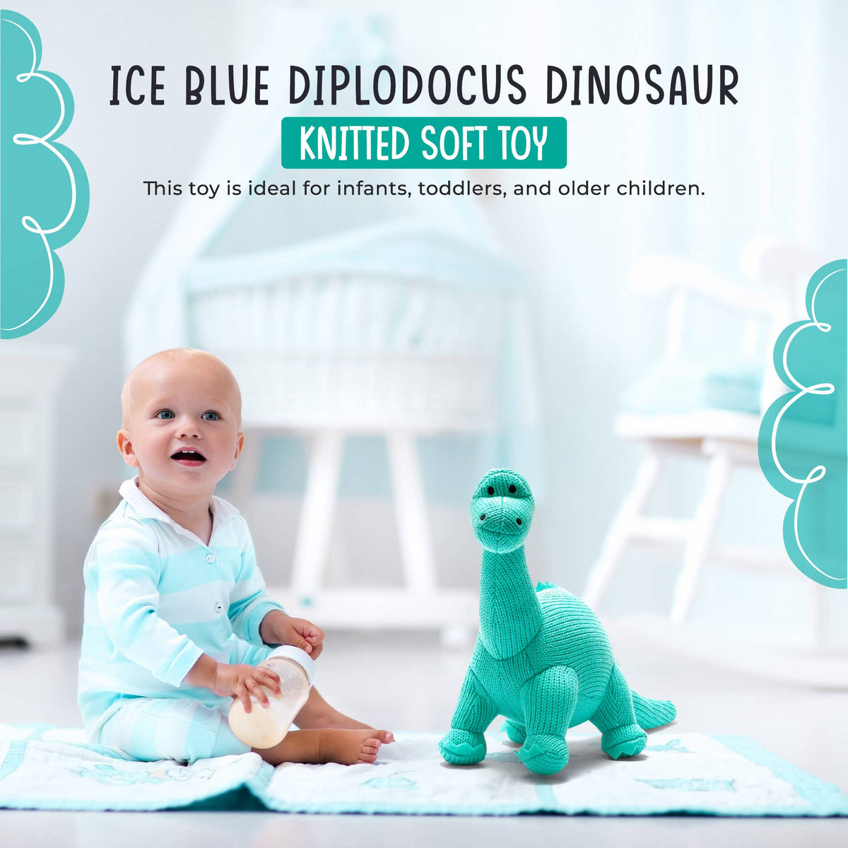 Dinosaur Teddy - Knitted Diplodocus Soft Toy Ice Blue