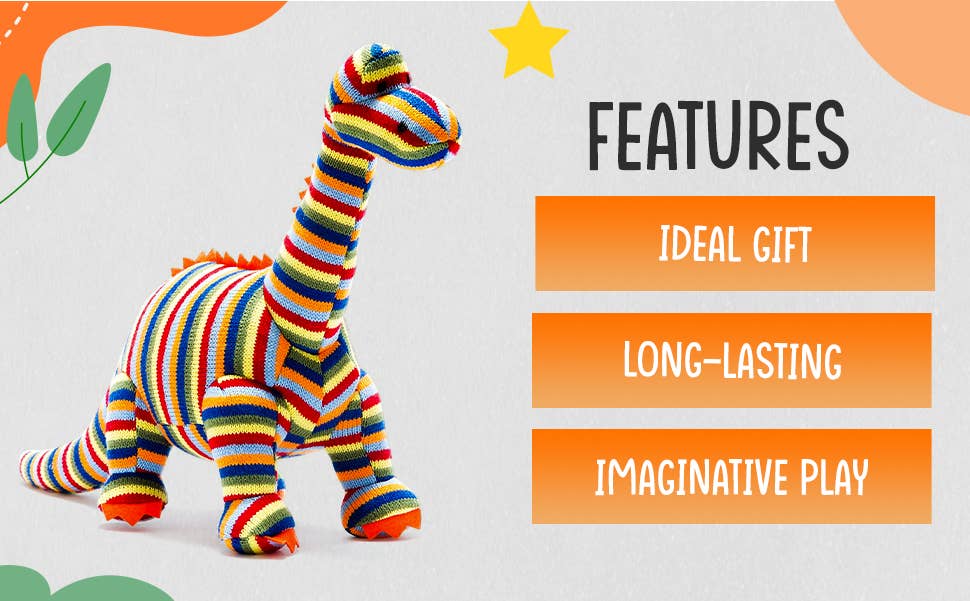 Dinosaur Soft Toy, Knitted Stripe Diplodocus Teddy