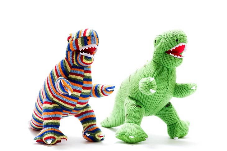 Dinosaur Teddy - Knitted Rainbow Stripe T Rex  Soft Toy