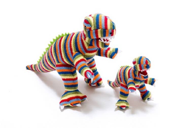 Dinosaur Teddy - Knitted Rainbow Stripe T Rex  Soft Toy