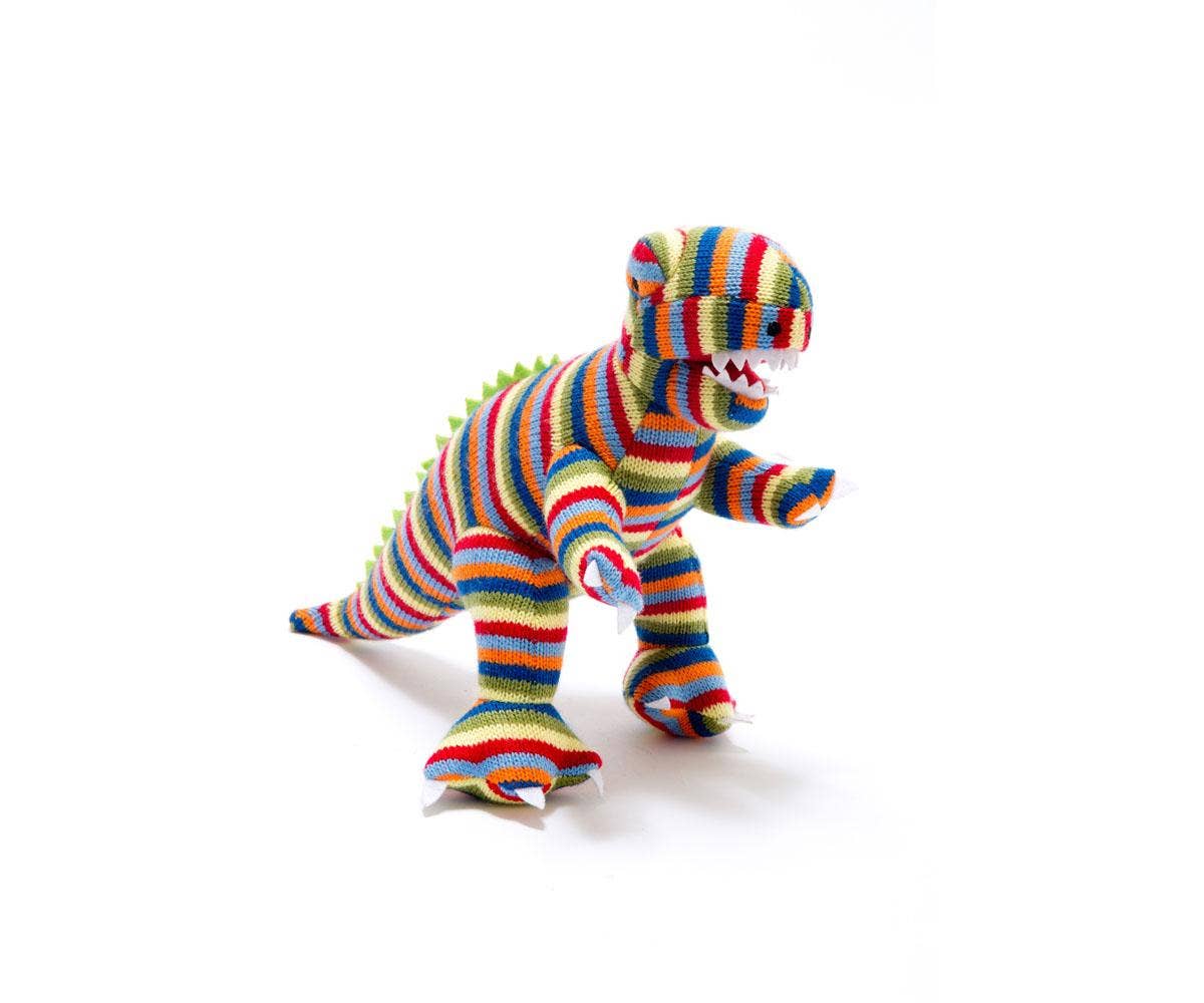 Dinosaur Teddy - Knitted Rainbow Stripe T Rex  Soft Toy