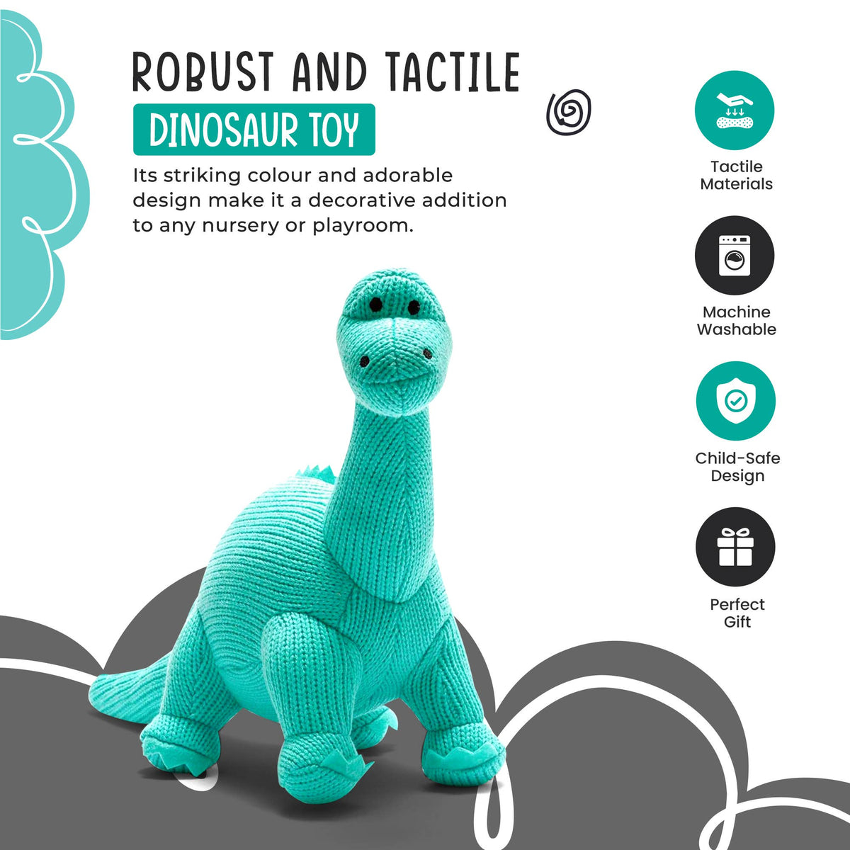 Dinosaur Teddy - Knitted Diplodocus Soft Toy Ice Blue