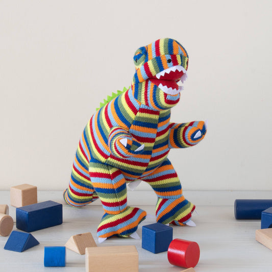 Dinosaur Teddy - Knitted Rainbow Stripe T Rex  Soft Toy