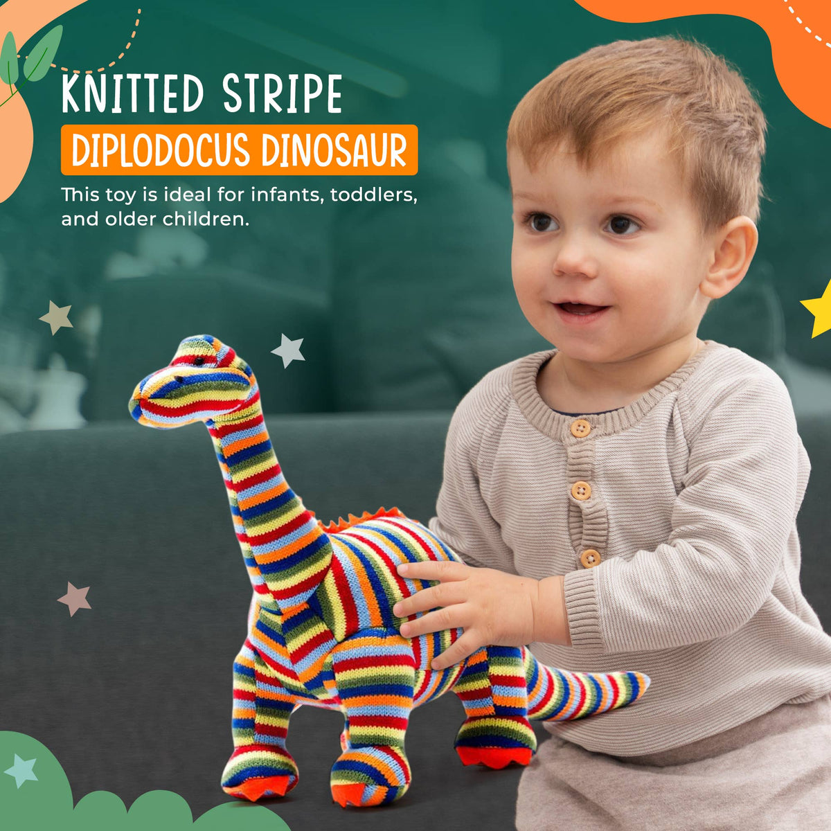 Dinosaur Soft Toy, Knitted Stripe Diplodocus Teddy