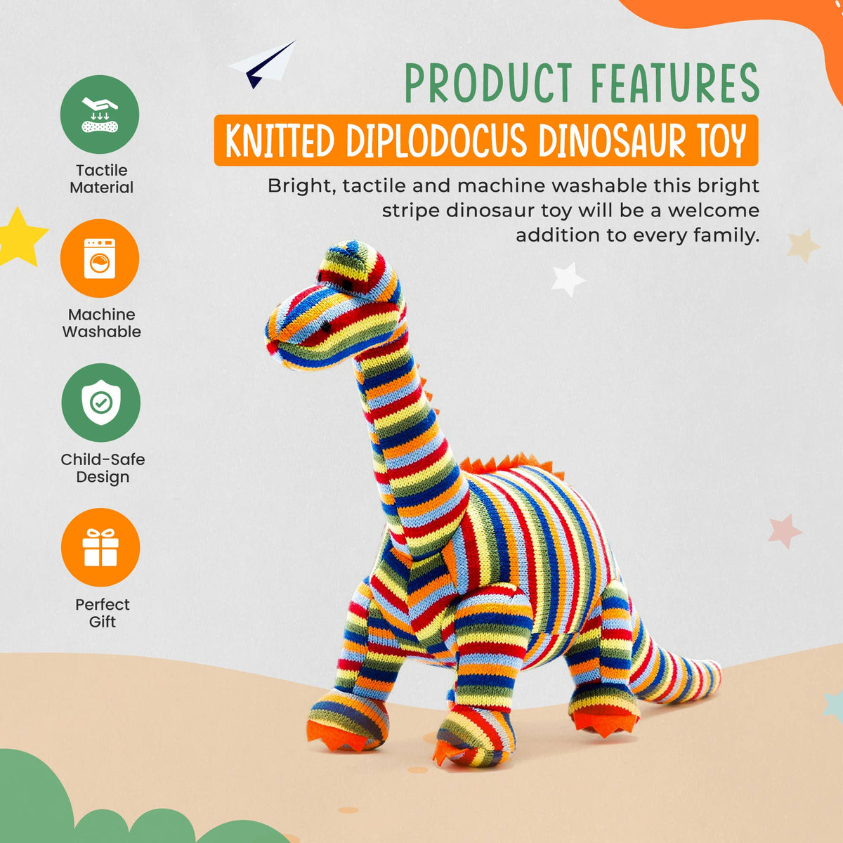 Dinosaur Soft Toy, Knitted Stripe Diplodocus Teddy