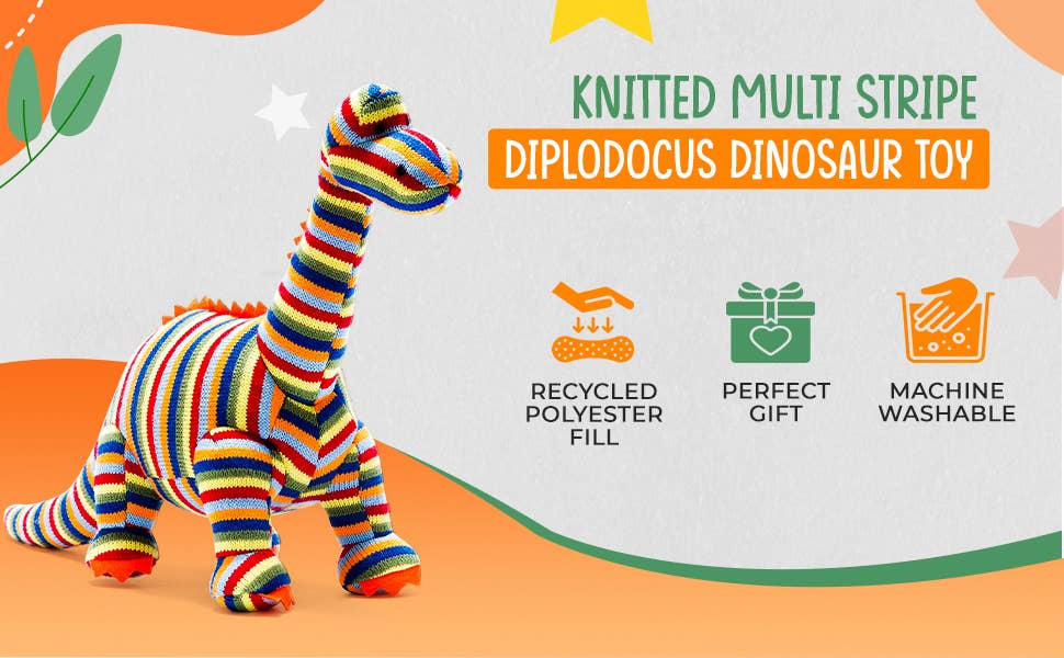 Dinosaur Soft Toy, Knitted Stripe Diplodocus Teddy