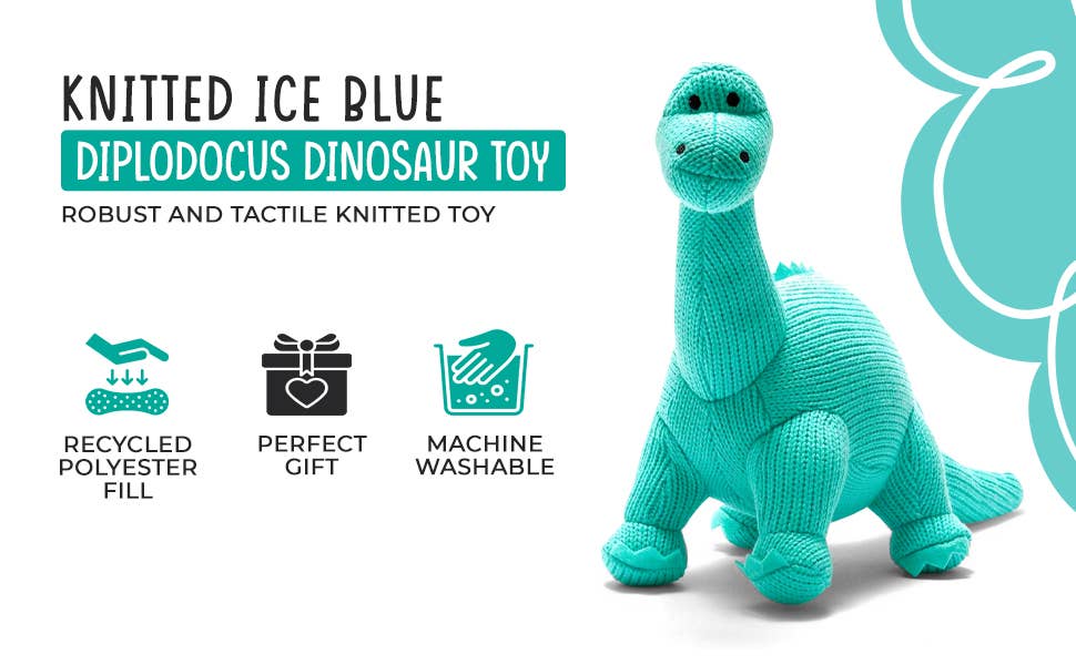 Dinosaur Teddy - Knitted Diplodocus Soft Toy Ice Blue